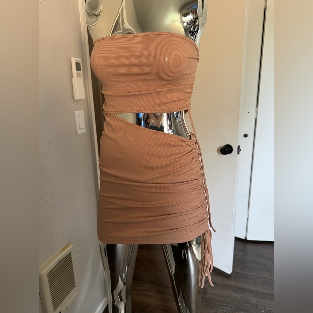 Tan Cut-Out Ruched Mini Dress